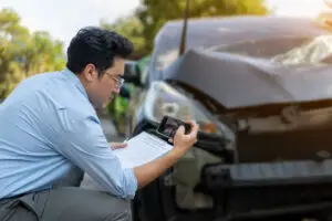 A man going through a checklist titled "what is a fender bender?".